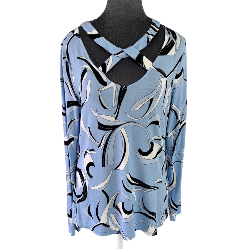 INC International Concepts Blue 60's Style Abstract Crisscross Cutout L/S Top L